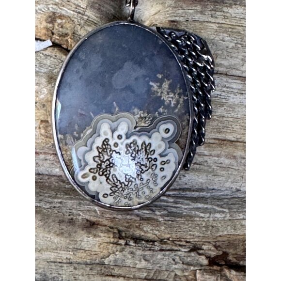 Dendritic Agate Sterling Silver Pendant Necklace 20G Mid Century - Picture 3 of 10